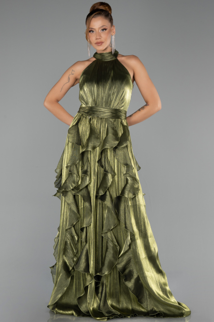 Robe de Soirée Longue Mousseline Vert Huile ABU6227