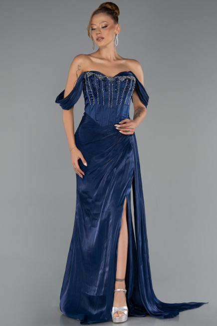 Robe de Soirée Longue Mousseline Bleu Marine ABU6496