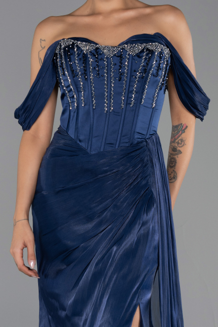 Robe de Soirée Longue Mousseline Bleu Marine ABU6496