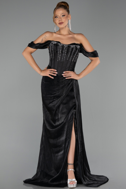Robe de Soirée Longue Mousseline Noir ABU6496