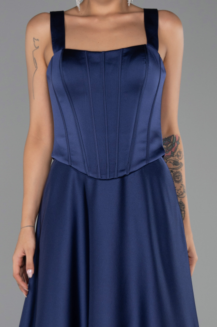 Robe de Soirée Longue Satin Bleu Marine ABU6527