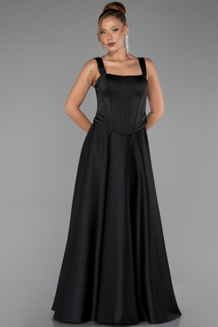 Robe de Soirée Longue Satin Noir ABU6527