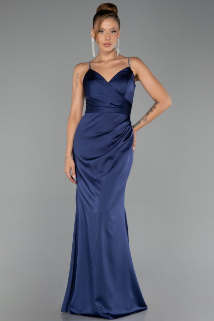 Robe de Soirée Longue Satin Bleu Marine ABU6499