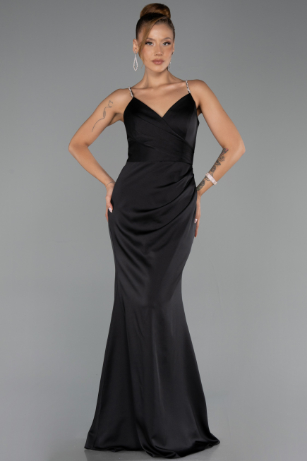 Robe de Soirée Longue Satin Noir ABU6499