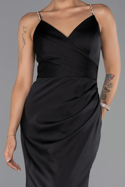 Robe de Soirée Longue Satin Noir ABU6499