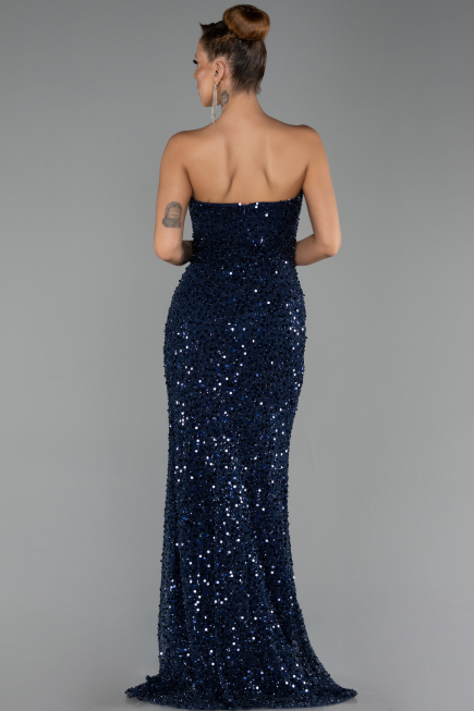 Robe de Soirée Longue Squameuse Bleu Marine ABU6503