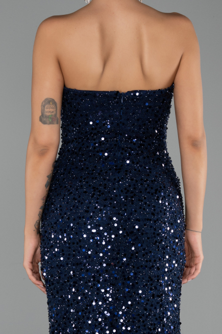 Robe de Soirée Longue Squameuse Bleu Marine ABU6503