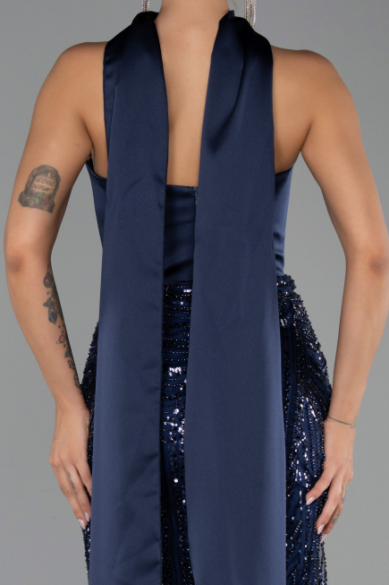 Robe de Soirée Longue Squameuse Bleu Marine ABU6528
