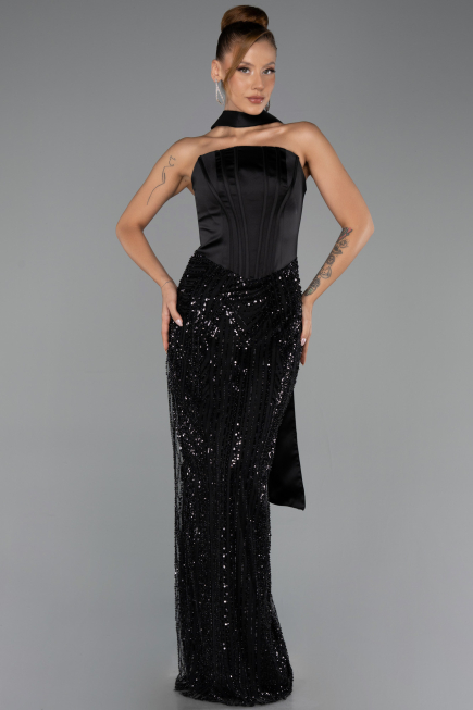 Robe de Soirée Longue Squameuse Noir ABU6528