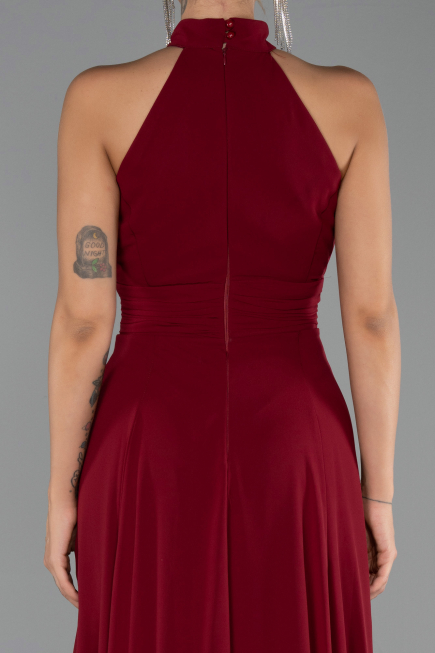Robe de Soirée Longue Mousseline Rouge Bordeaux ABU6506