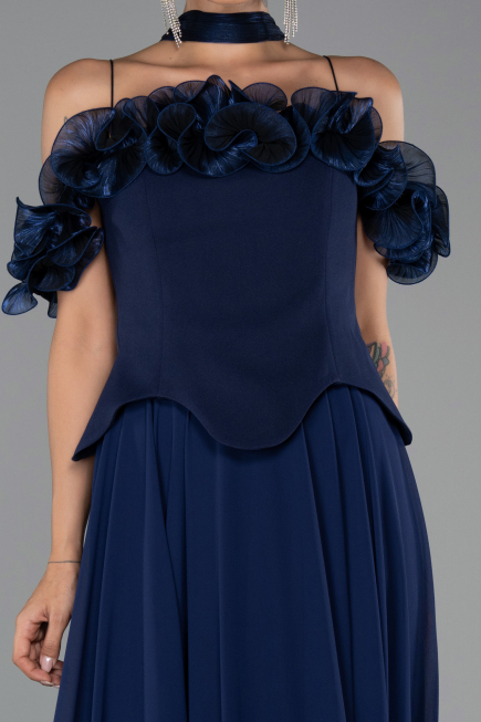 Robe de Soirée Midi Mousseline Bleu Marine ABU6037