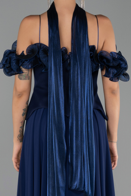 Robe de Soirée Midi Mousseline Bleu Marine ABU6037