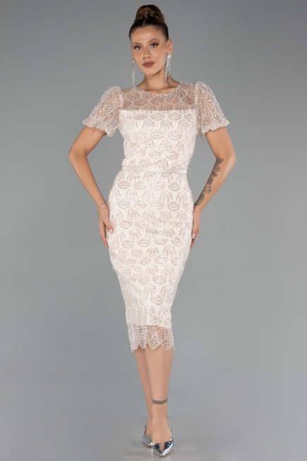 Robe De Soirée Midi Perlé Beige ABK2412