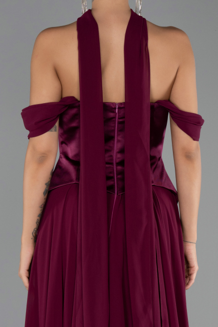 Robe de Soirée Longue Mousseline Prune ABU5327