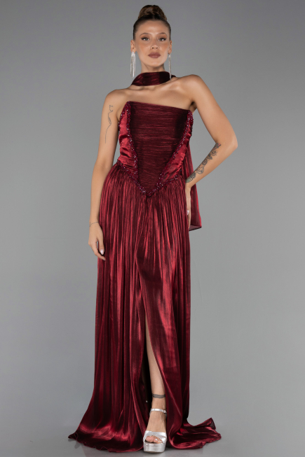 Robe de Soirée Longue Mousseline Rouge Bordeaux ABU6531