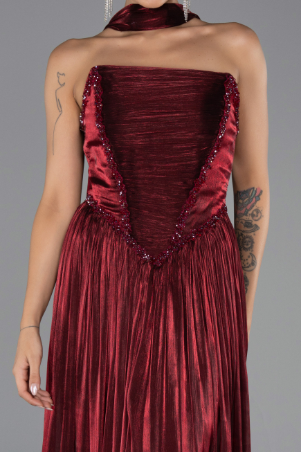 Robe de Soirée Longue Mousseline Rouge Bordeaux ABU6531
