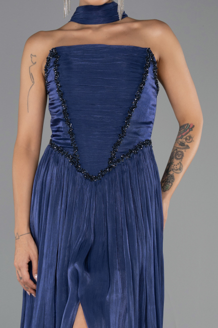 Robe de Soirée Longue Mousseline Bleu Marine ABU6531