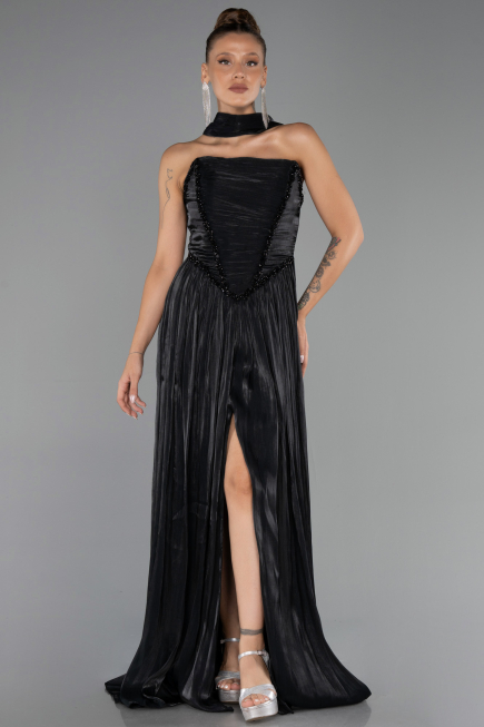 Robe de Soirée Longue Mousseline Noir ABU6531