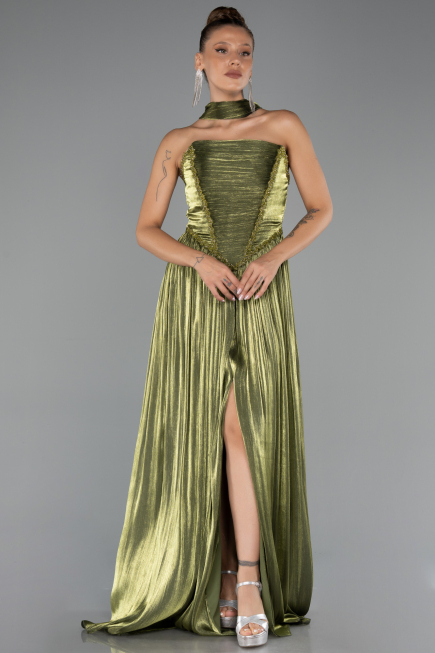 Robe de Soirée Longue Mousseline Vert Huile ABU6531