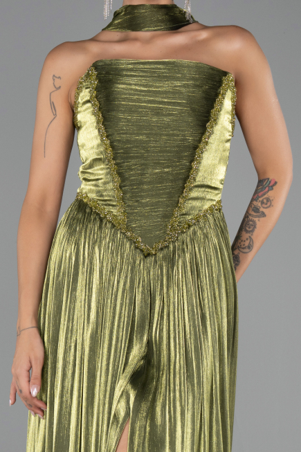 Robe de Soirée Longue Mousseline Vert Huile ABU6531