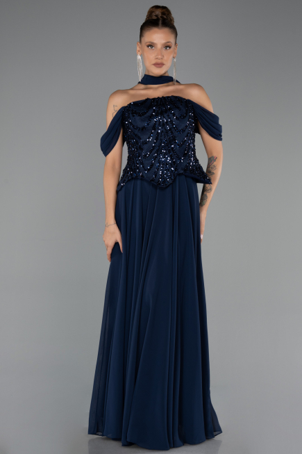 Robe de Soirée Grande Taille Longue Mousseline Bleu Marine ABU6535