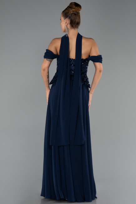 Robe de Soirée Grande Taille Longue Mousseline Bleu Marine ABU6535
