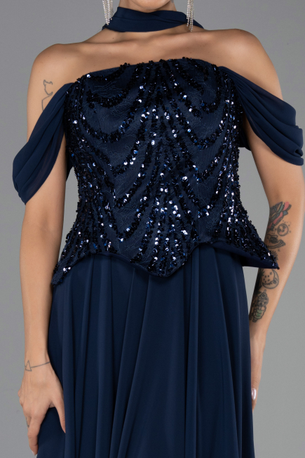 Robe de Soirée Grande Taille Longue Mousseline Bleu Marine ABU6535