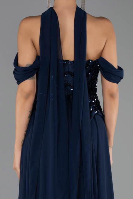 Robe de Soirée Grande Taille Longue Mousseline Bleu Marine ABU6535