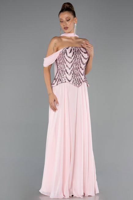 Robe de Soirée Longue Mousseline Poudre ABU6532