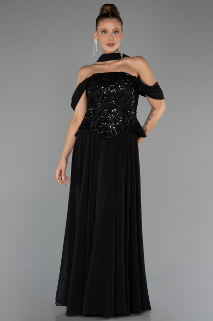 Robe de Soirée Grande Taille Longue Mousseline Noir ABU6535