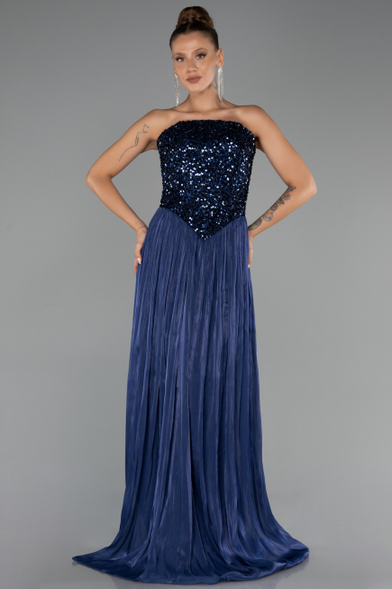 Robe de Soirée Longue Mousseline Bleu Marine ABU6533