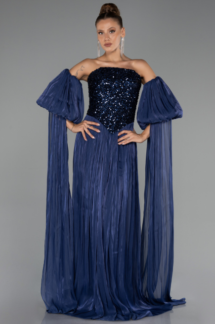 Robe de Soirée Longue Mousseline Bleu Marine ABU6533