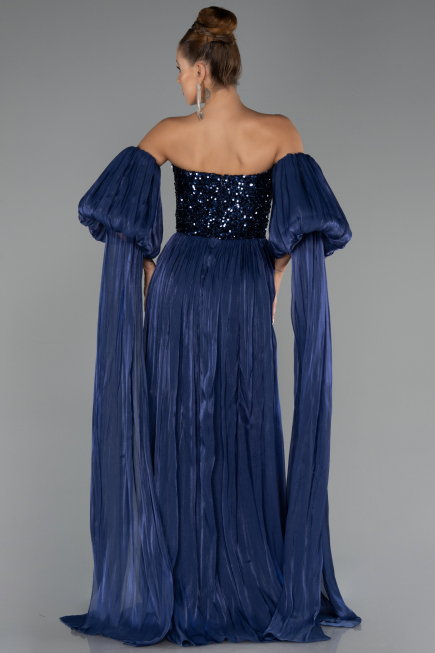 Robe de Soirée Longue Mousseline Bleu Marine ABU6533