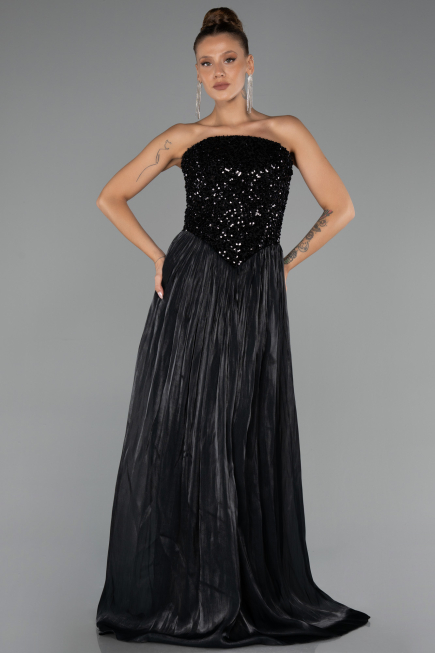 Robe de Soirée Longue Mousseline Noir ABU6533