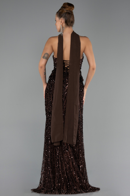 Robe de Soirée Longue Squameuse Brun ABU6534
