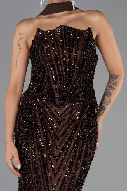 Robe de Soirée Longue Squameuse Brun ABU6534