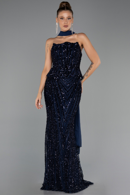 Robe de Soirée Longue Squameuse Bleu Marine ABU6534