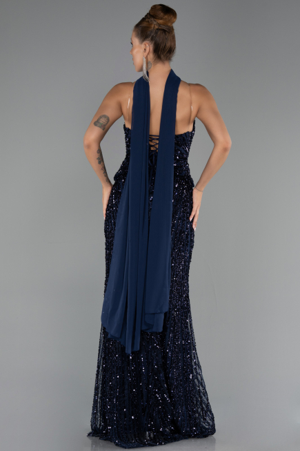 Robe de Soirée Longue Squameuse Bleu Marine ABU6534
