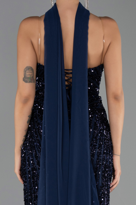 Robe de Soirée Longue Squameuse Bleu Marine ABU6534