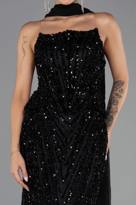 Robe de Soirée Longue Squameuse Noir ABU6534
