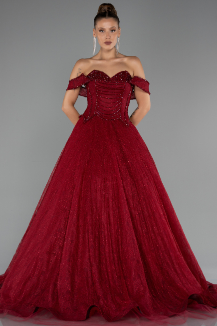 Robe de Soirée Longue Dantelle Rouge Bordeaux ABU6536