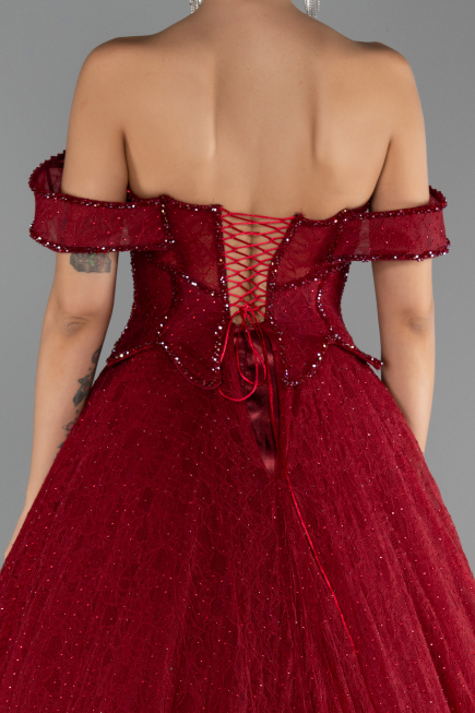 Robe de Soirée Longue Dantelle Rouge Bordeaux ABU6536