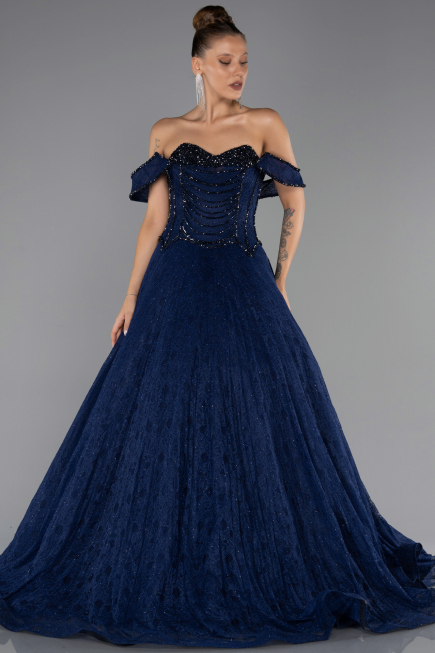 Robe de Soirée Longue Dantelle Bleu Marine ABU6536