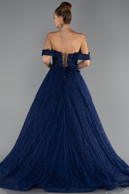 Robe de Soirée Longue Dantelle Bleu Marine ABU6536