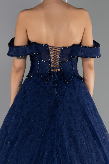 Robe de Soirée Longue Dantelle Bleu Marine ABU6536