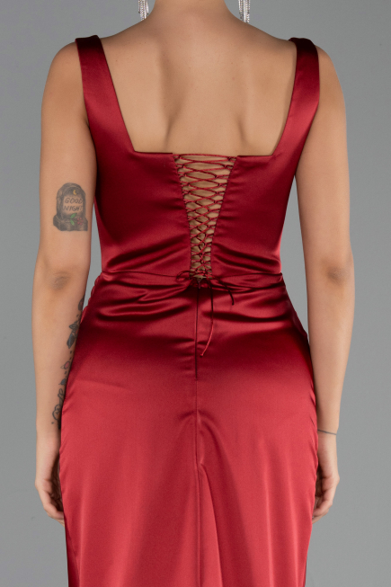 Robe Grande Taille Longue Satin Rouge Bordeaux ABU6543
