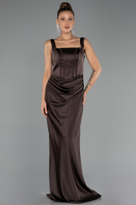 Robe Grande Taille Longue Satin Brun ABU6543