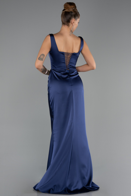 Robe Grande Taille Longue Satin Bleu Marine ABU6543