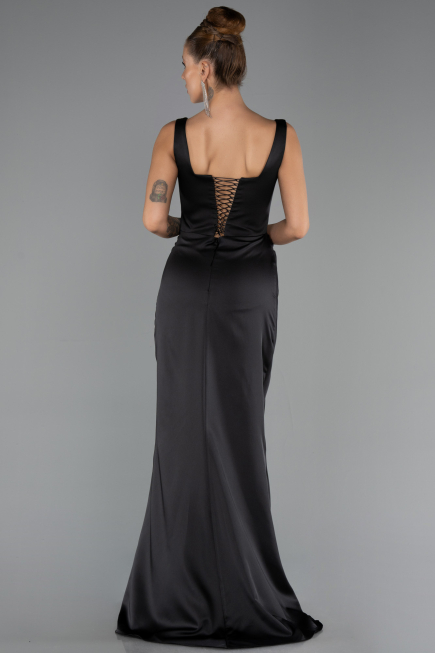 Robe Grande Taille Longue Satin Noir ABU6543