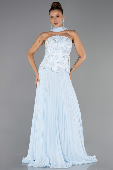 Robe de Soirée Longue Mousseline Bleu clair ABU6436